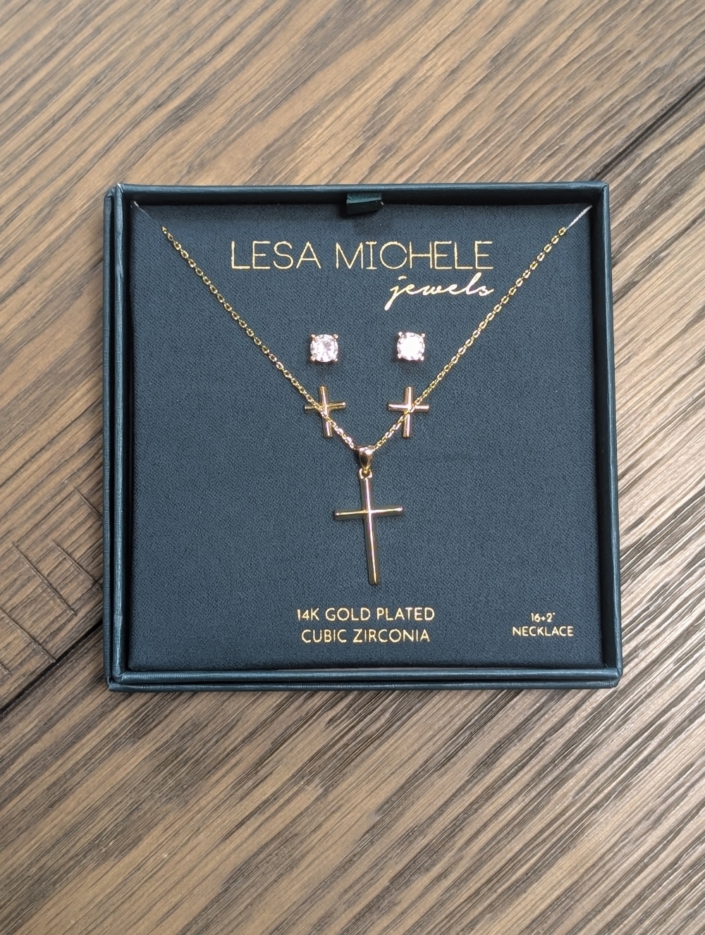Lesa Michele Gold Cross Necklace Set + 2 Earrings CZ & Cross NWT - Picture 4 of 8